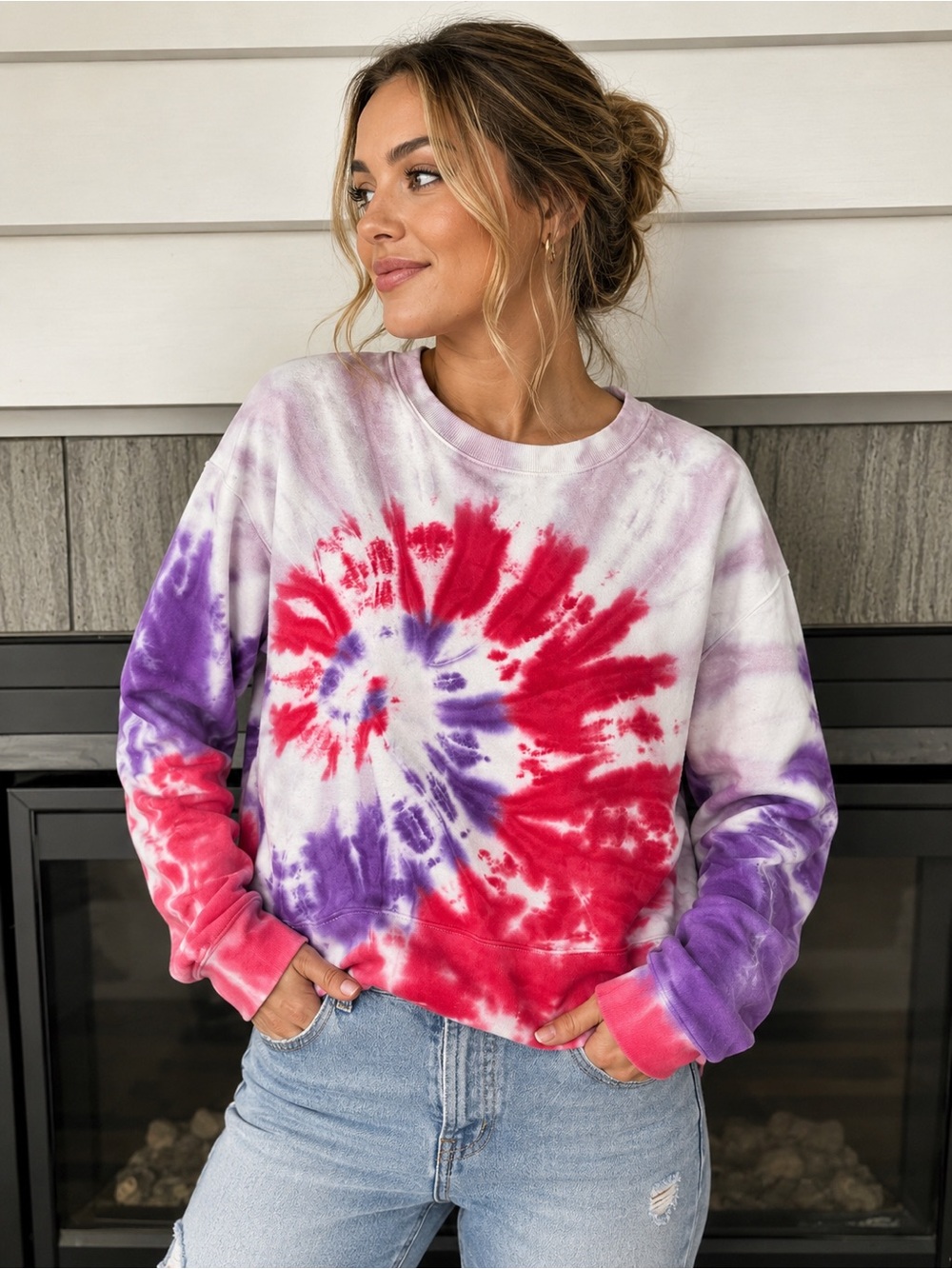 TNA Cozy AF Tie-Dye Crewneck Sweatshirt in Red & Purple